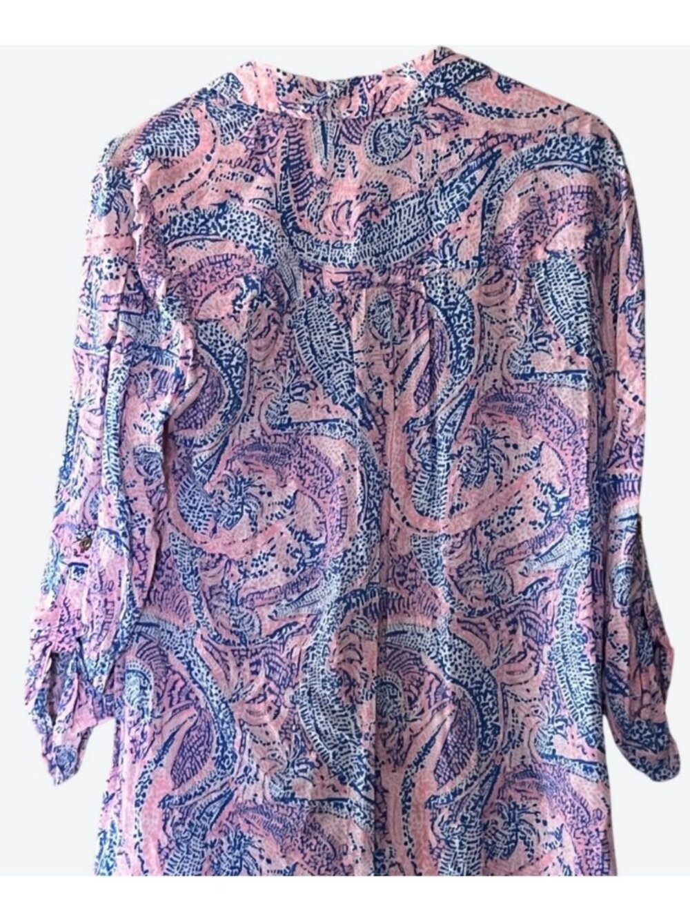 Lilly Pulitzer Women's Medium 3/4 Sleeve Geometric Button Front Blouse Pink Blue - Picture 4 of 7